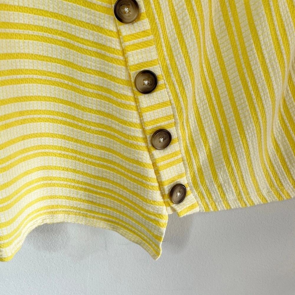 Como Vintage Womens Knit Top M Yellow Striped Short Sleeve Asymmetric Button Hem - Picture 5 of 9